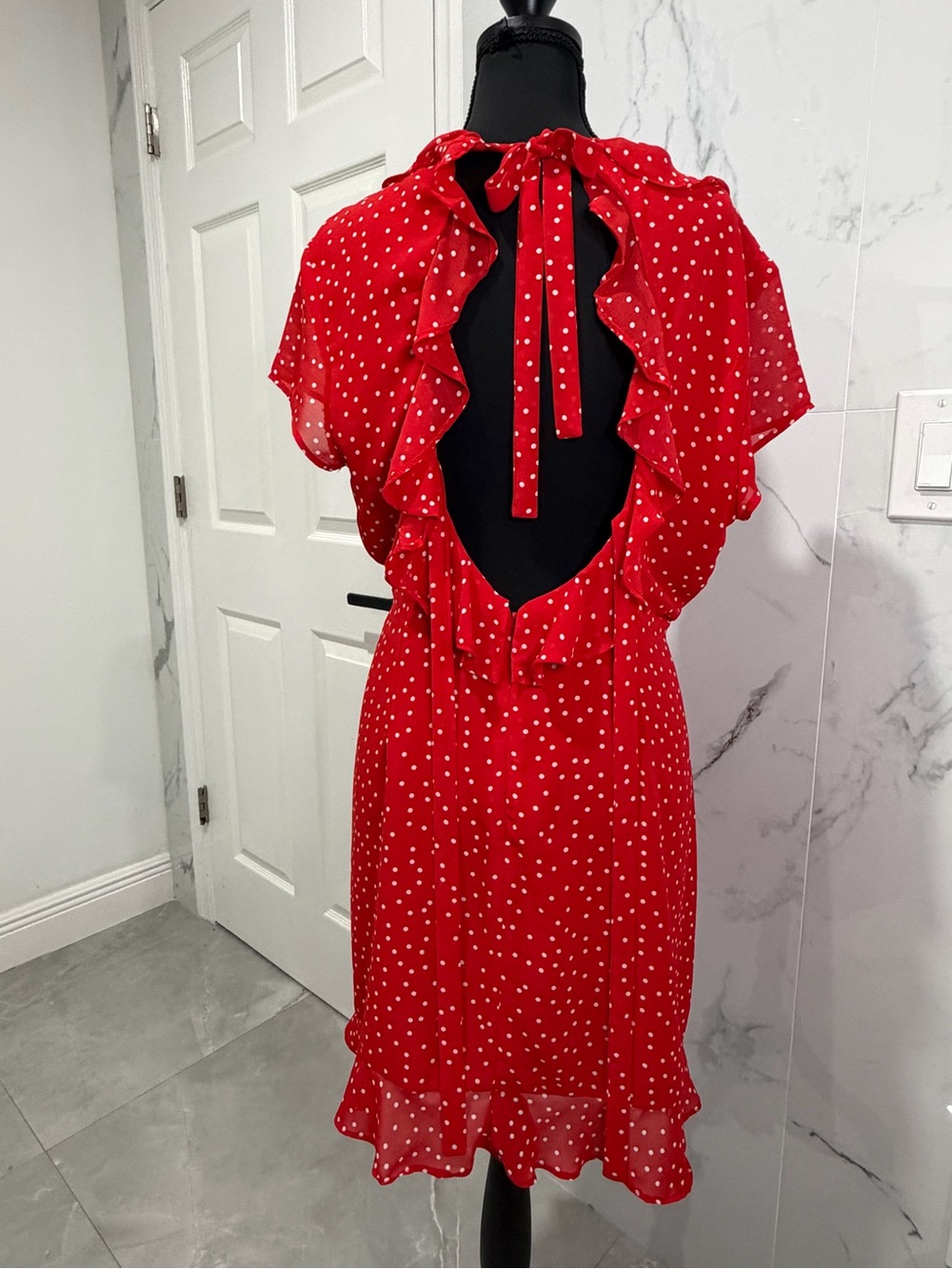 Red Polka Dot Ruffle Wrap Dress - Picture 4 of 11